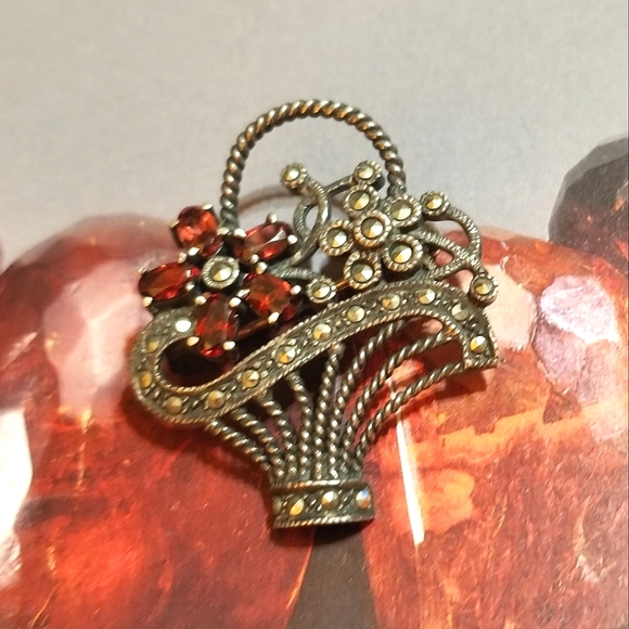 VTG GARNET Marcasite Sterling Basket Brooch - Picture 4 of 6